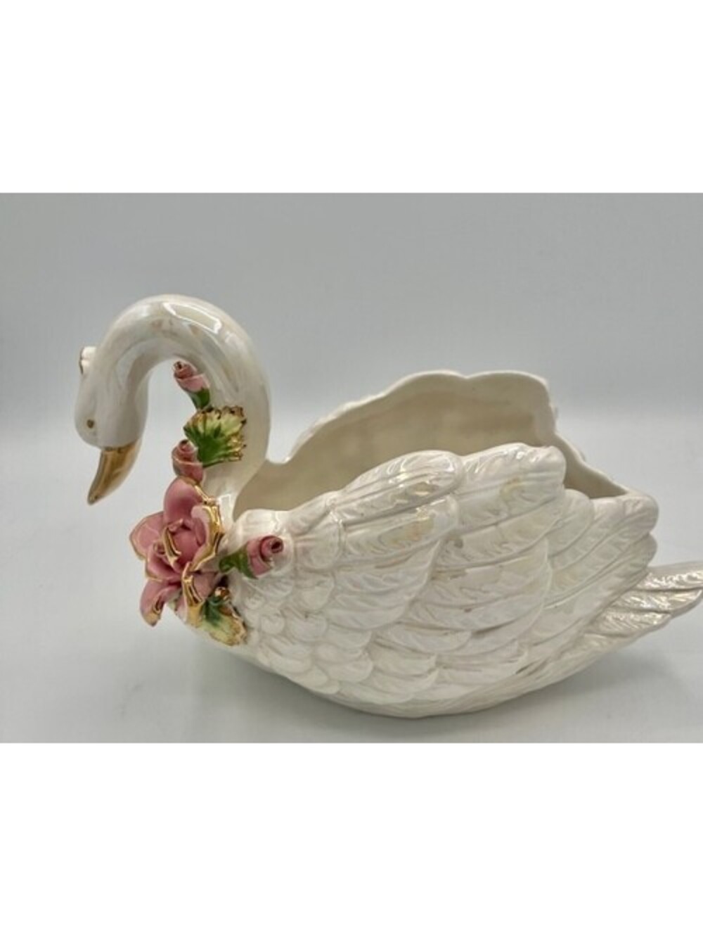 Vintage Capodimonte Iridescent Ceramic Swan Planter Applied Pink Roses/Gold Trim